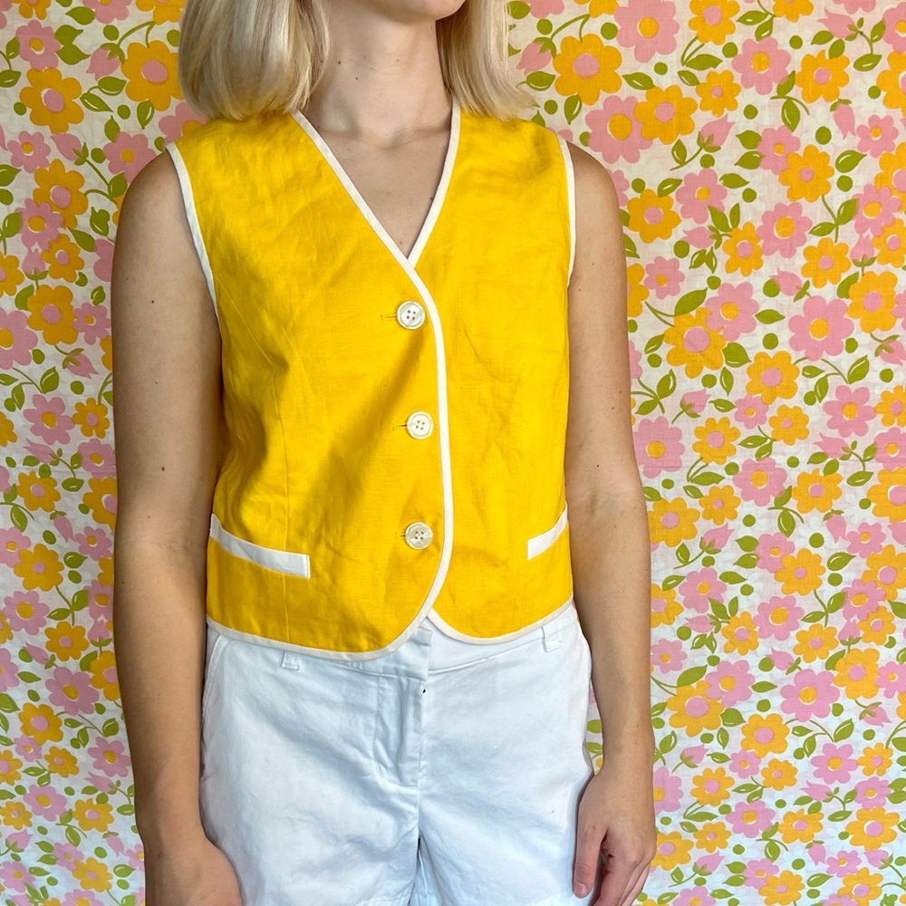 Ann Taylor Bright yellow linen button up vest 6